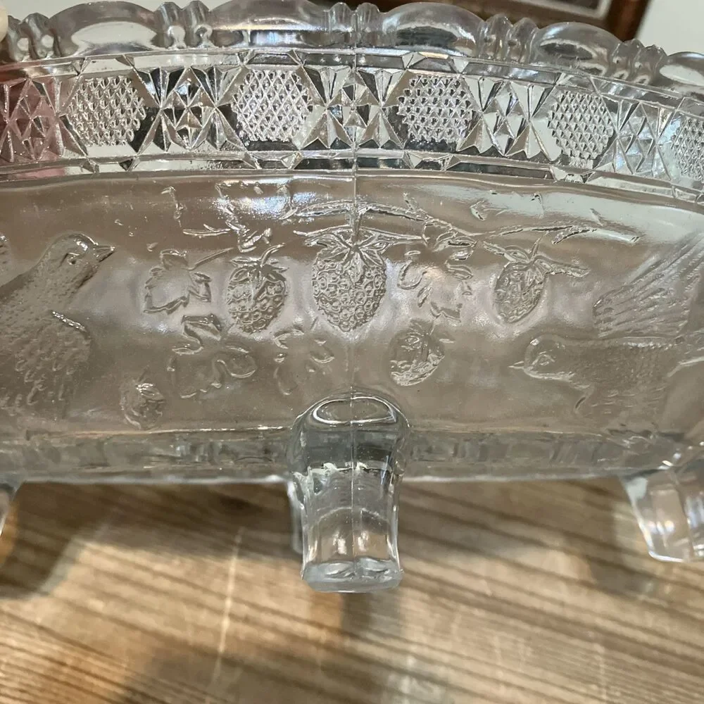 Antique EAPG Indiana Glass Footed Bowl + Creamer Set Birds Strawberries Pattern